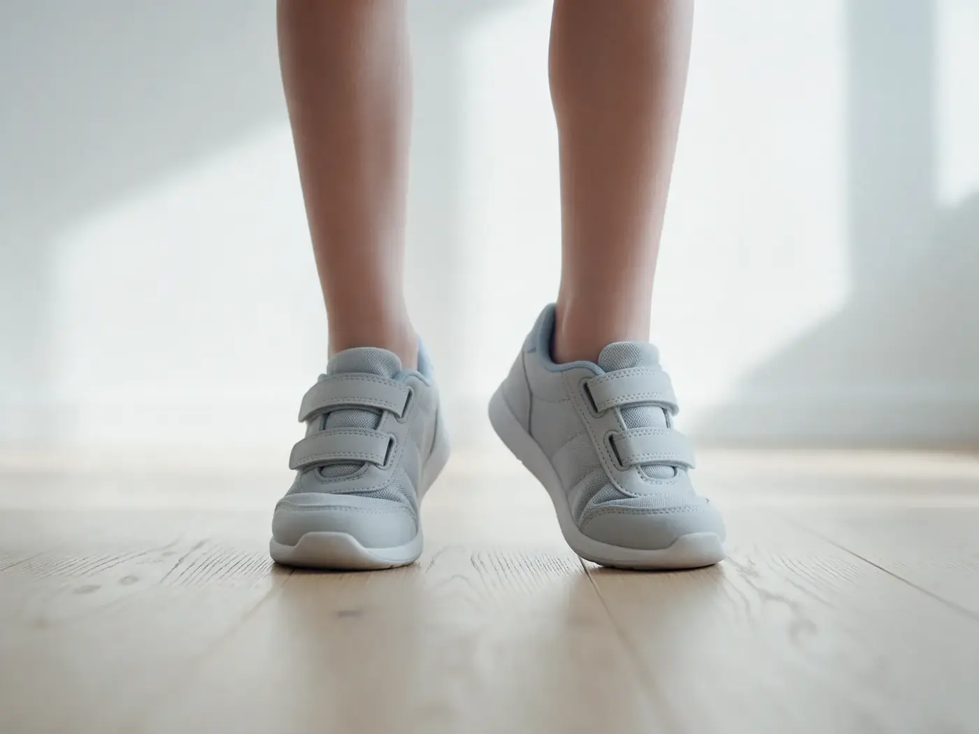 Niño con calzado escolar sobre piso de madera